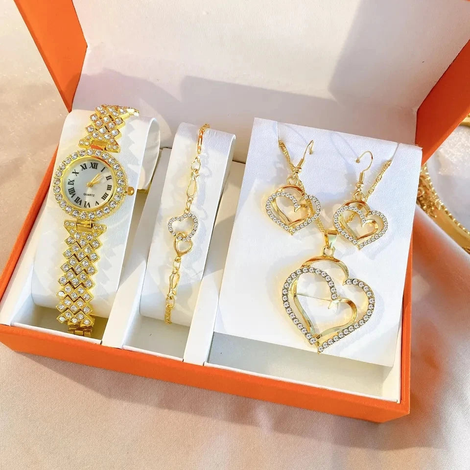 Wholesale  Crystal Bracelet Stud Earring Necklace Set Ladies Watch Casual Quartz Jewelry Set for Ladies