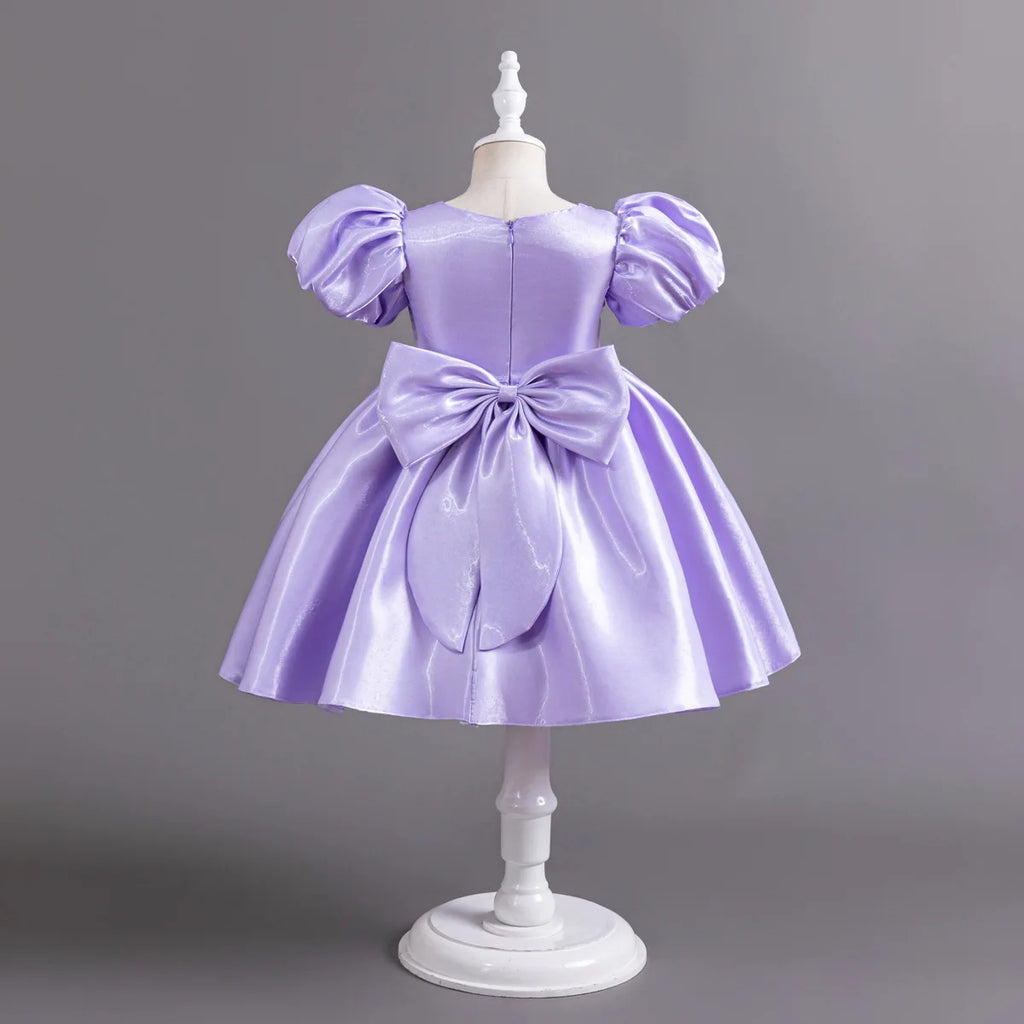 Baby Kids Girls Birthday Wedding Dress Princess Bubble Sleeve Pearl Satin Dress Pageant Baptism Cake Smash Photoshoot Gown