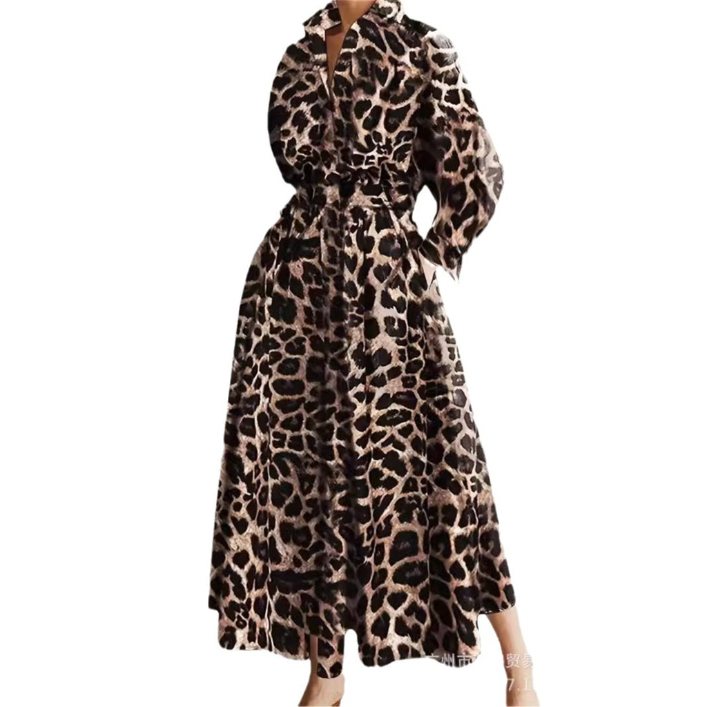Cross-border foreign trade Shein hot-selling fashion long sleeve lapel shirt lace-up waist long dress Dress leopard print