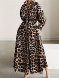 Cross-border foreign trade Shein hot-selling fashion long sleeve lapel shirt lace-up waist long dress Dress leopard print