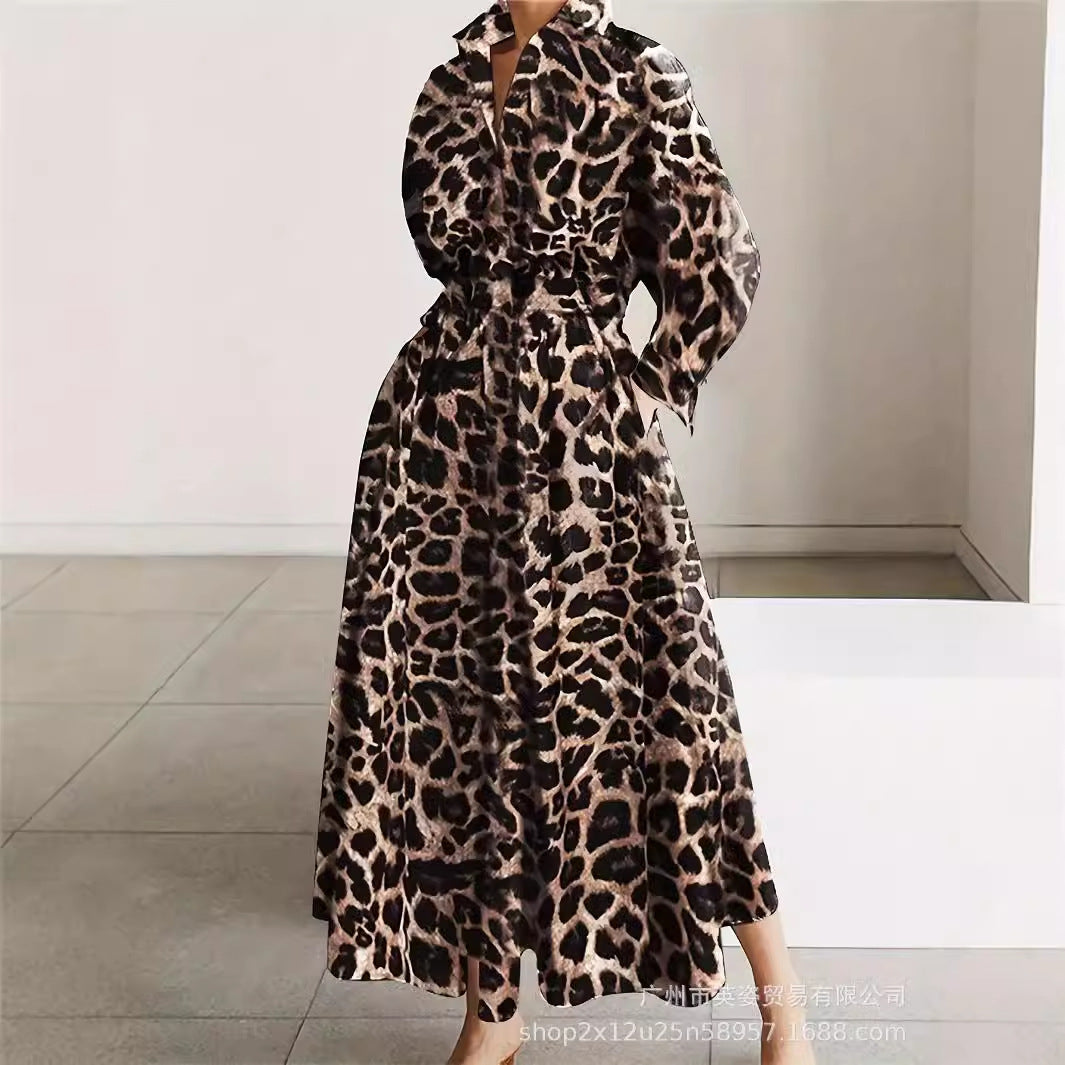 Cross-border foreign trade Shein hot-selling fashion long sleeve lapel shirt lace-up waist long dress Dress leopard print