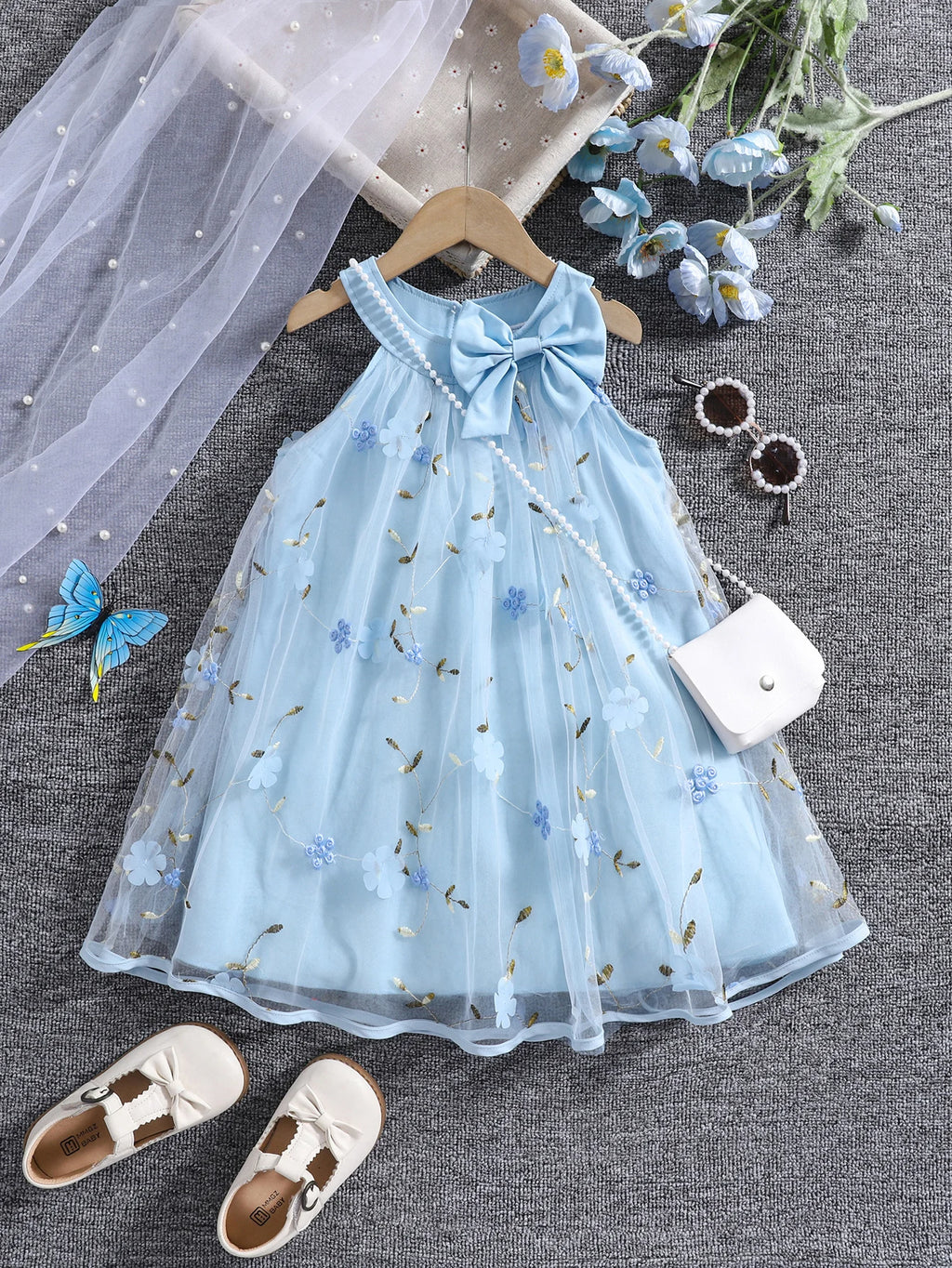 Girls summer fashion lady three-dimensional flower mesh bow decorative halter dress with bag