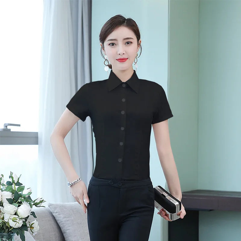 Fashion White Shirts Woman 2025 Autumn Short Sleeve Blouse Solid Ladies Tops OL Female Clothing  Basic Work Shirt Women's Blouse