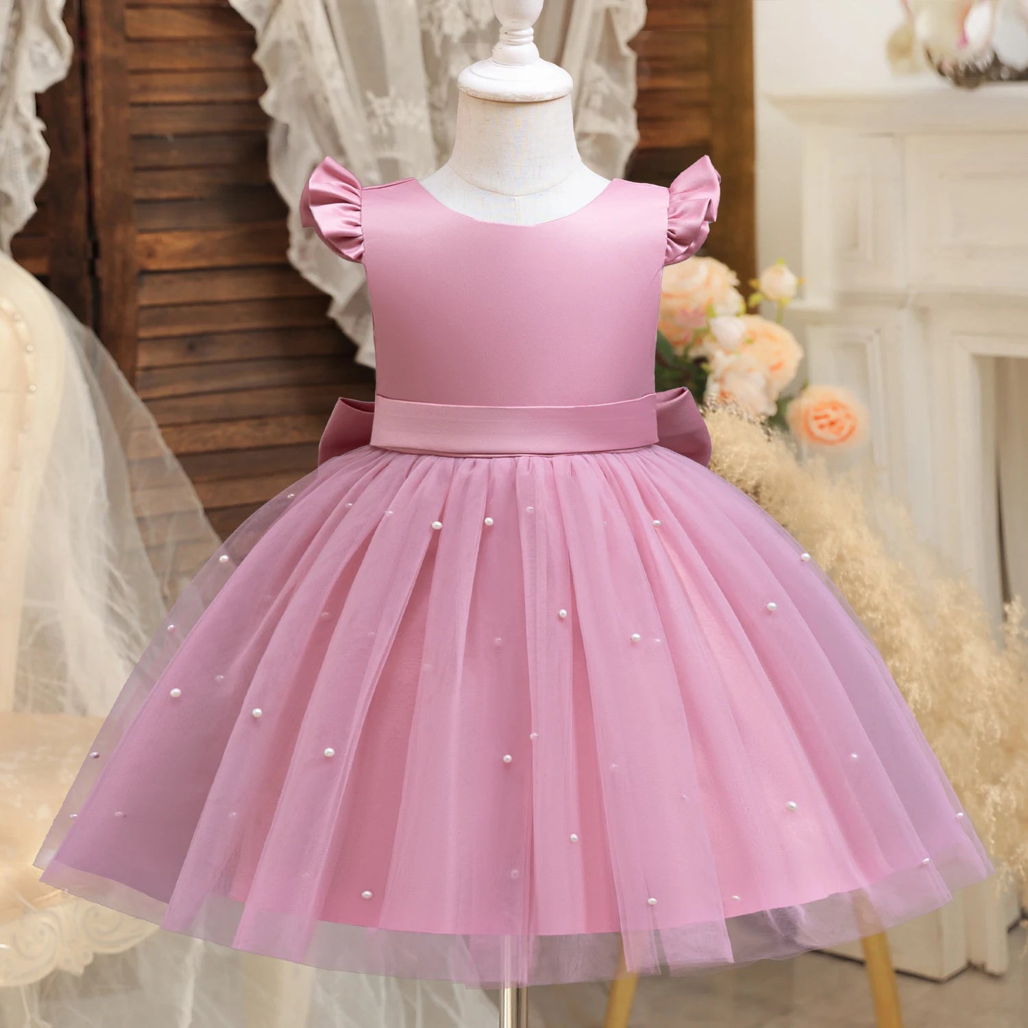 Girls Pearls Dress Elegant Princess Wedding Gown Kids Dresses For Girl Children Birthday Party Tulle Dress 3-8Yrs Vestidos
