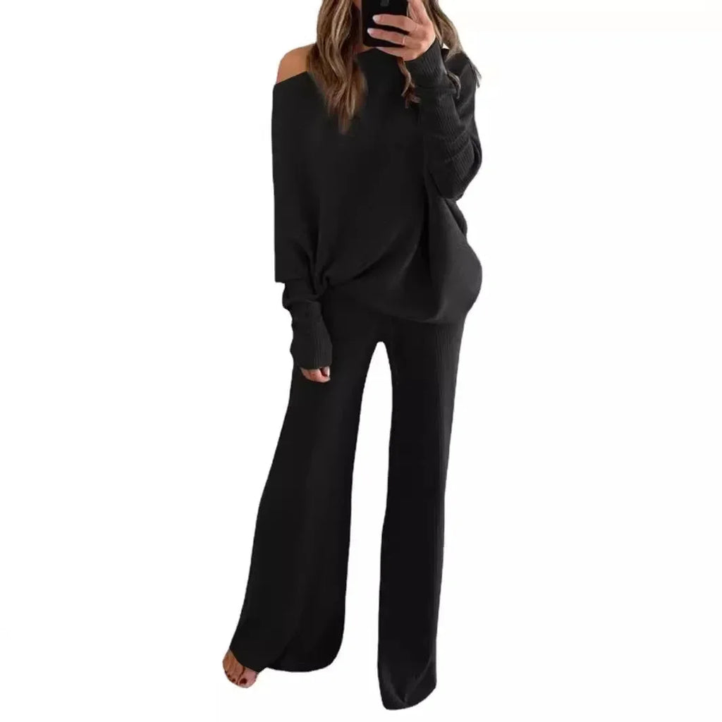 New Women's 2pcs Clothes Set Solid Color Round Neck Long Sleeve Casual Top & Loose Wide Leg Pants Home Wear