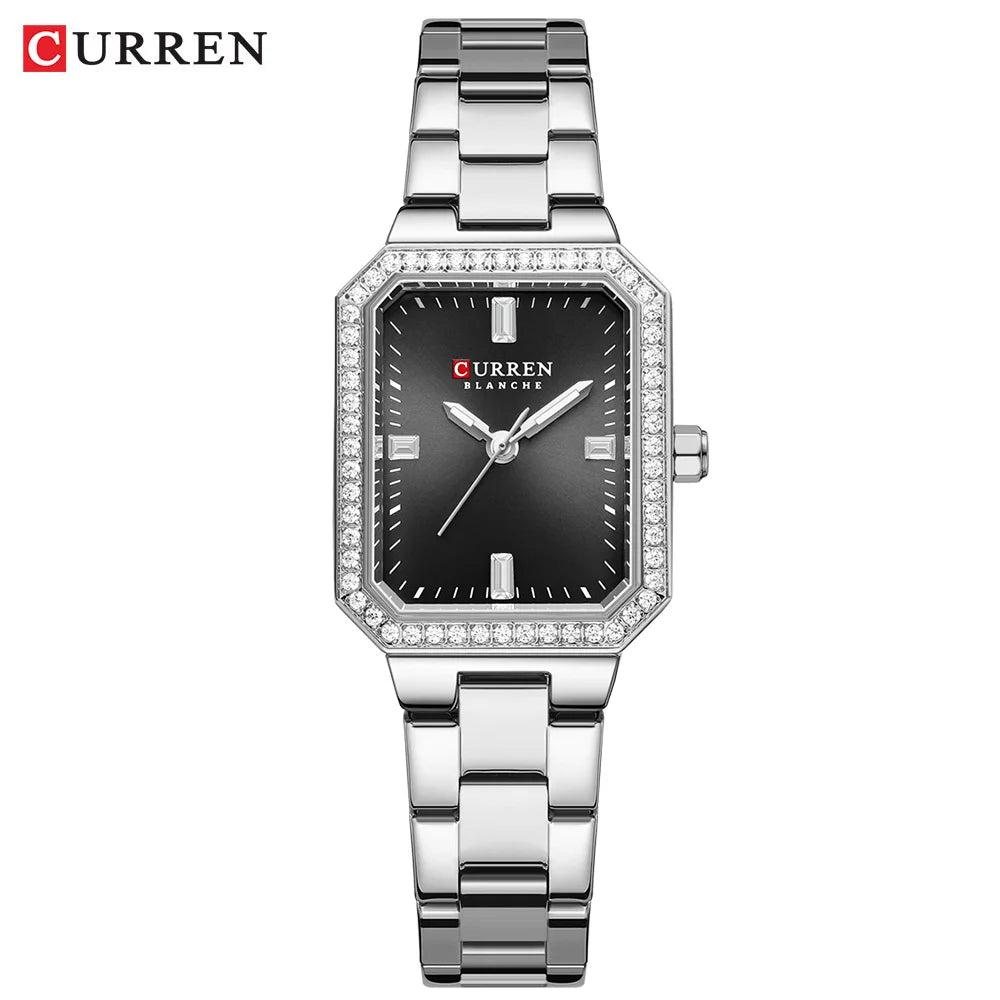 CURREN Luxury Brand Watches for Women Simple Rectangular Dial with Sparkling Rhinestones Casual Quartz Wristwatch with Luminous