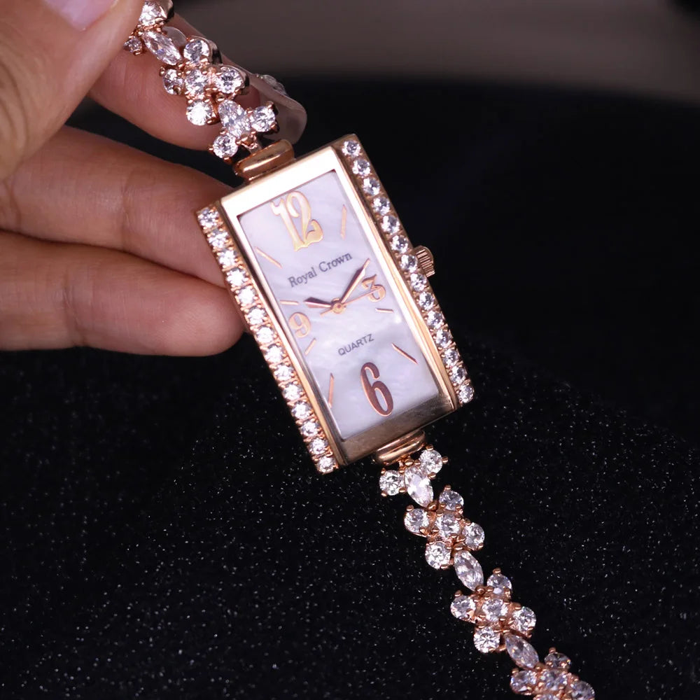 Royal Crown Women's Watch Japan Quartz Hours Fine Fashion Bracelet Jewelry Band Shell Luxury Rhinestones Girl Birthday Gift