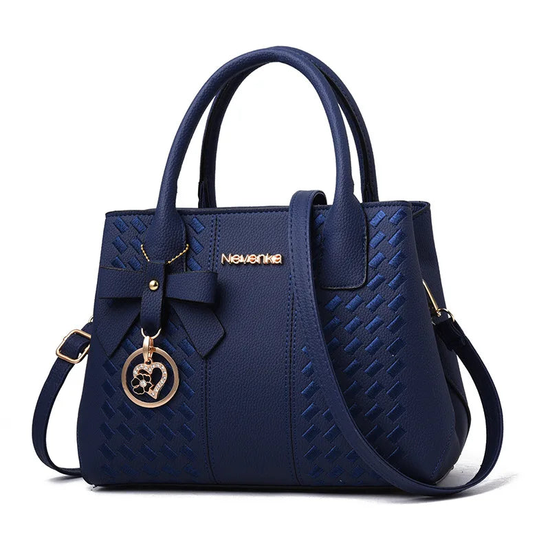 Bow Metal Pendant Top Handle Satchel Crossbody Bag, PU Leather Textured Bag Purse, Classic Versatile Fashion Shoulder Bag
