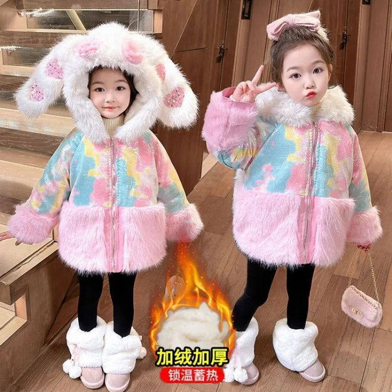Cute Stellalous Kuromi Girl Fur Coat Plush Jacket Fashion Hooded Padded Jacket Winter New Teen Thicken Warmth Fur Coat Outerwear