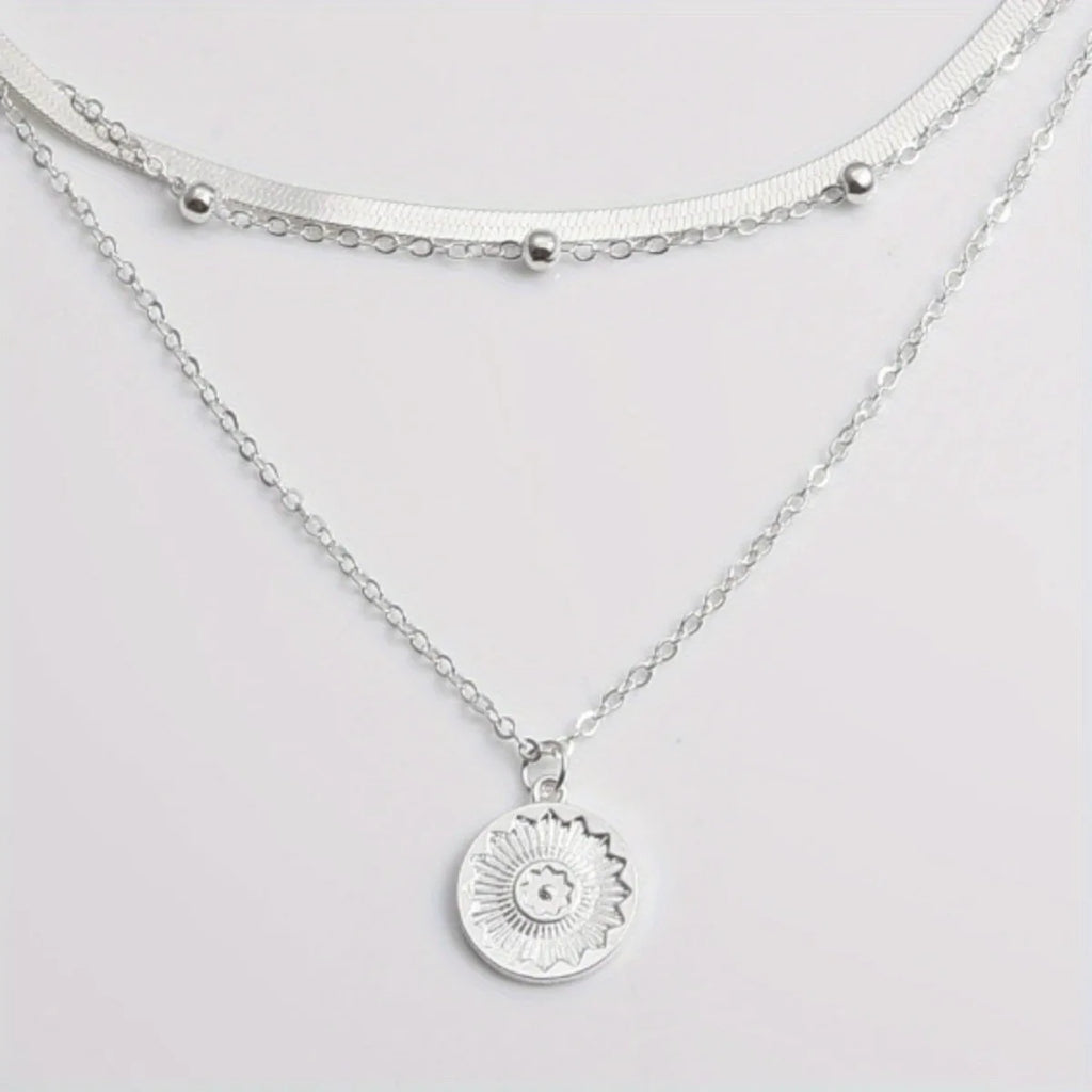 Multi-layer Chain Necklace Alloy Material Silvery Three-layer All-match Design Women's Snake Bone Chain with Round Bead Chain