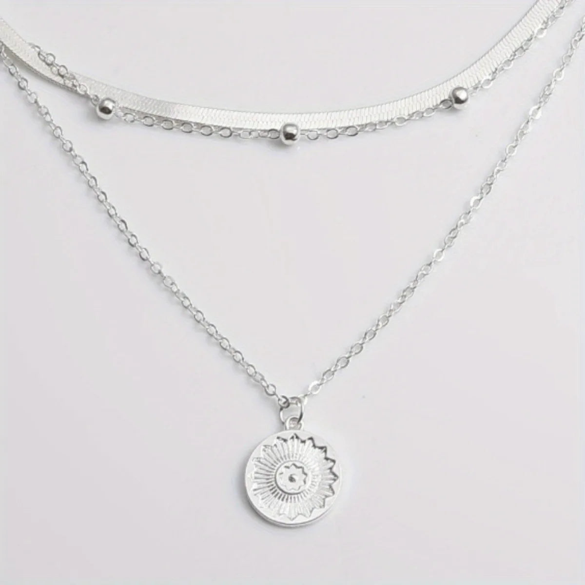 Multi-layer Chain Necklace Alloy Material Silvery Three-layer All-match Design Women's Snake Bone Chain with Round Bead Chain