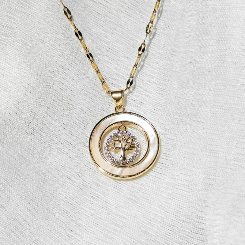 Gorgeous Necklace for Women with Copper Micro-inlaid Zircon, Seashell, Sunburst and Tree of Life Details