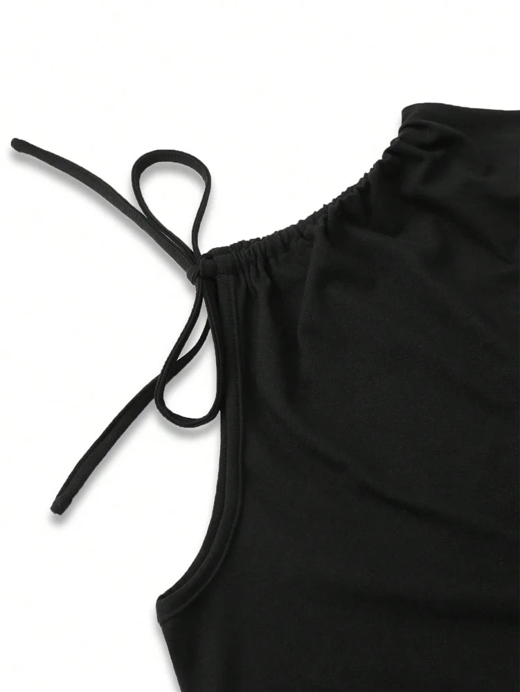 2025 New Arrival Women's Black Casual Solid-Colour Drawstring Tank Top & Flared Trousers Tight-Fitting Set Fashionable & Everyda