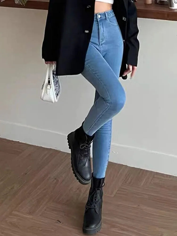 Women Skinny Stretch Pencil Jeans Vintage Oversize 100kg High Waist Denim Pants Spring Fall Korean Fashion Casual Kot Pantolon