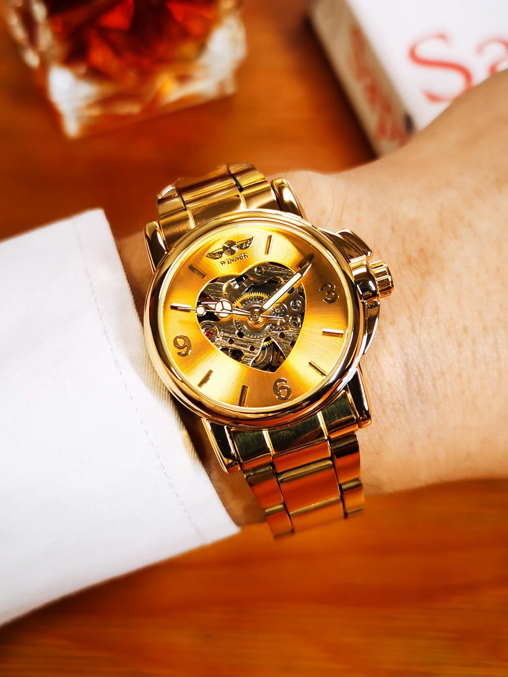 WINNER Fashion Skeleton Watch for Women Elegant Luxury Brand Automatic Mechanical Ladies Watches Gold Stainless Steel Strap 2023