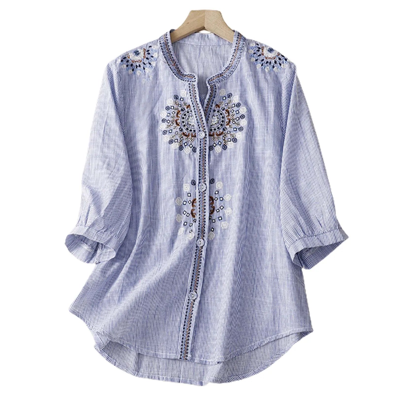 Summer Women'S Vintage Embroidered T Shirts Cotton Linen Half Sleeve Shirt Blouse Retro Ethnic Style Loose Button Down Shirts