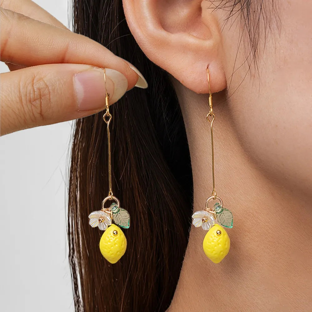 Fashion Cute Yellow Fruit Lemon Little Flower Green Leaf Pendant Metal Chain Adjustable Necklace for Women Summer Jewelry Gifts