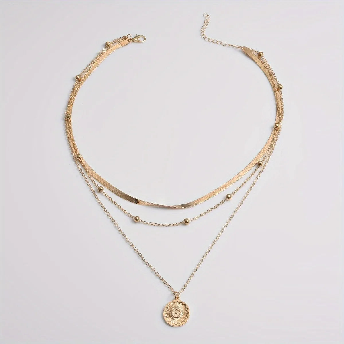 Multi-layer Chain Necklace Alloy Material Silvery Three-layer All-match Design Women's Snake Bone Chain with Round Bead Chain