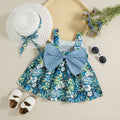 (2 Piece Dress) Summer New Girls Dress Set Floral Print + Hat Bow Ribbon Halter Sweet Princess Dress Birthday Party Team Dress
