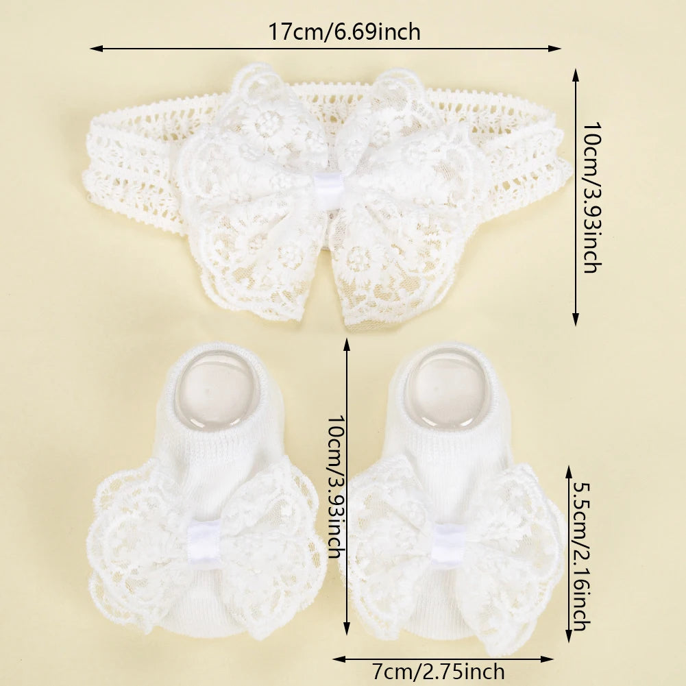 3Pcs/Set Cream Lace Baby Headbands&Socks Newborn Princess Girls Wide Rhinstone Pearl Eastic Hairbands Kids Headwear Photo Props