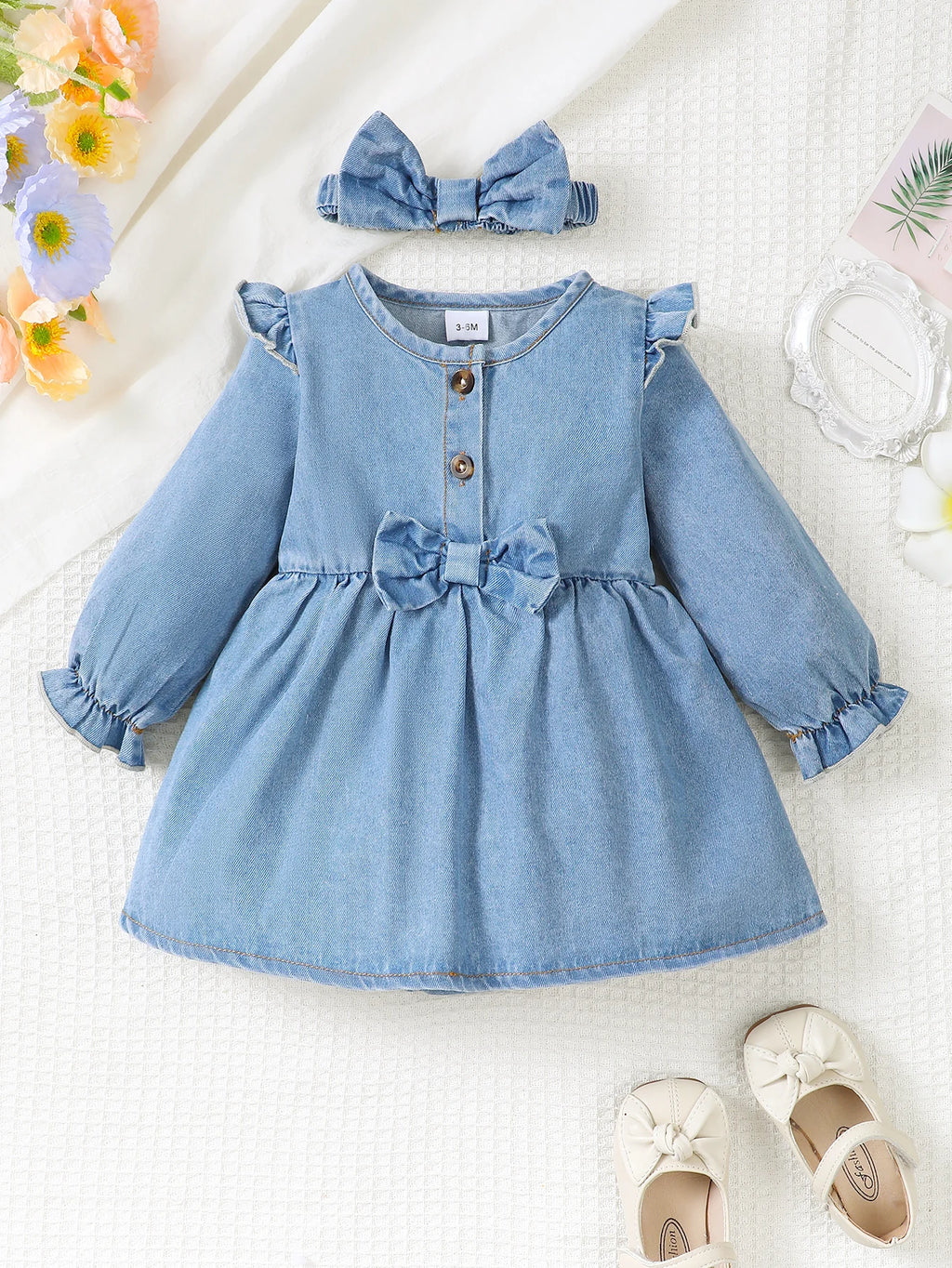 Winter  Newborn  Infant  0-18 Months  Baby  Girl  Dress  Long  Sleeve  Denim  Romper  Princess  Party  Dresses  With  Hair  Hoop