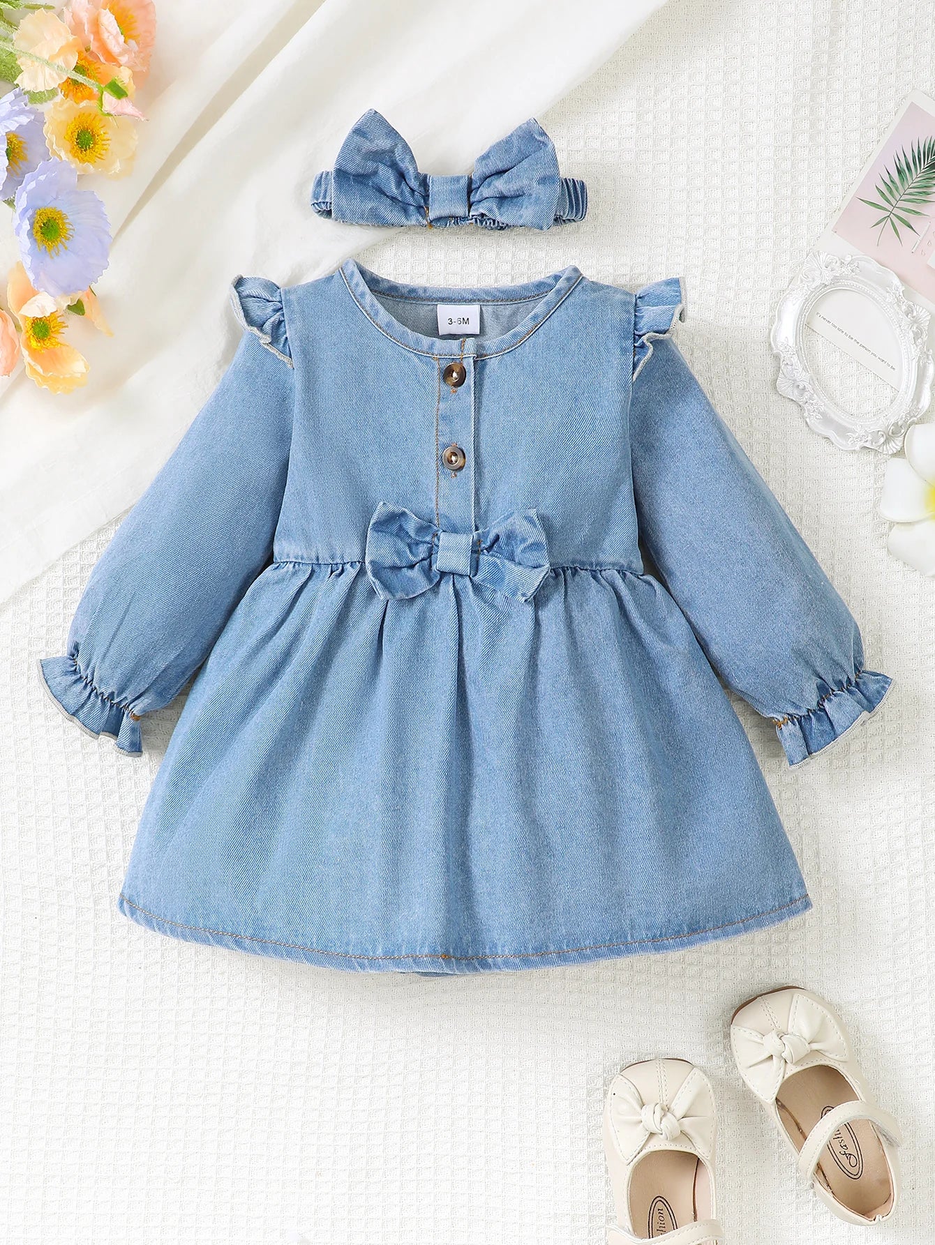 Winter  Newborn  Infant  0-18 Months  Baby  Girl  Dress  Long  Sleeve  Denim  Romper  Princess  Party  Dresses  With  Hair  Hoop