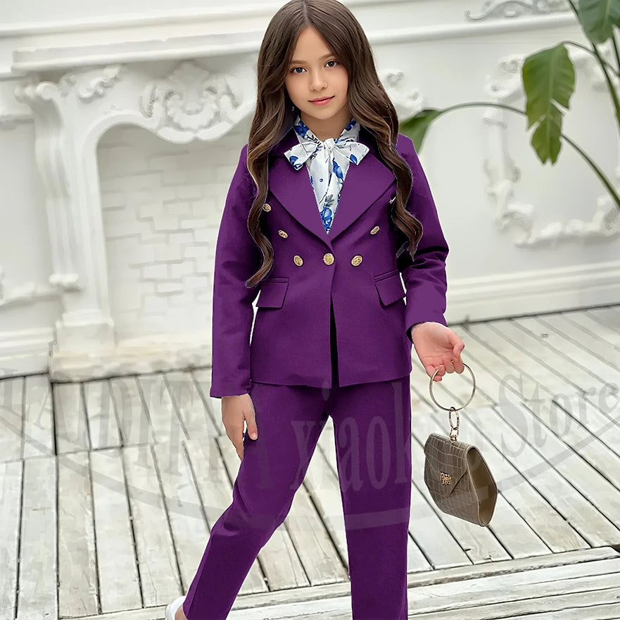 Girl Suits 2 Piece Elegant Daily Casual Fashion Kids Outfits Party Wedding Chic Double Breasted Notch Lapel Girl Clothes