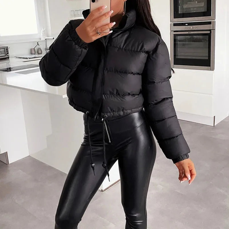 Solid Color Zipper Stand Collar Warm Cotton-Padded Clothes Winter Loose Light Weight Women Coat Fashion Popular Style