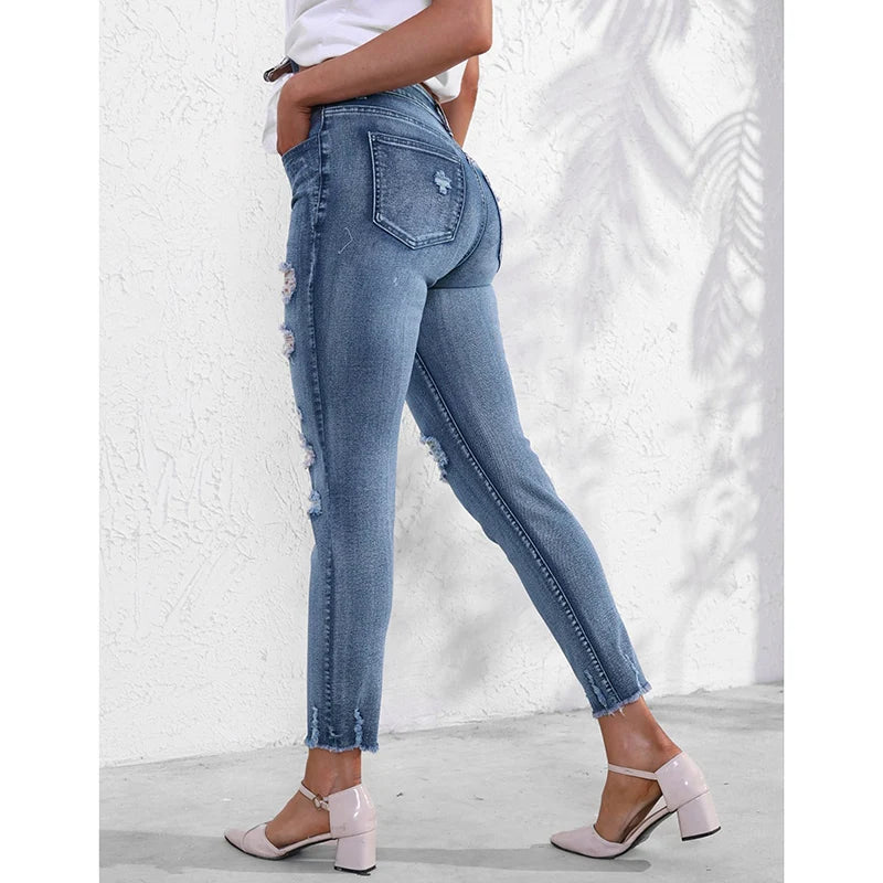 Female Ripped Narrow Straight Leg Jeans Lady Chic Korean High Waist Denim Trousers Women Fashion Designer Casual Pants