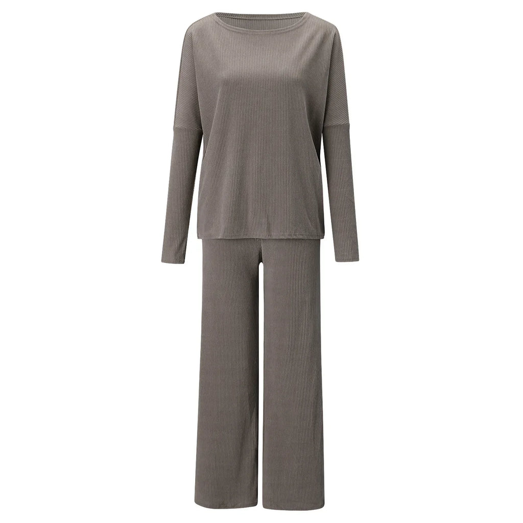 New Women's 2pcs Clothes Set Solid Color Round Neck Long Sleeve Casual Top & Loose Wide Leg Pants Home Wear