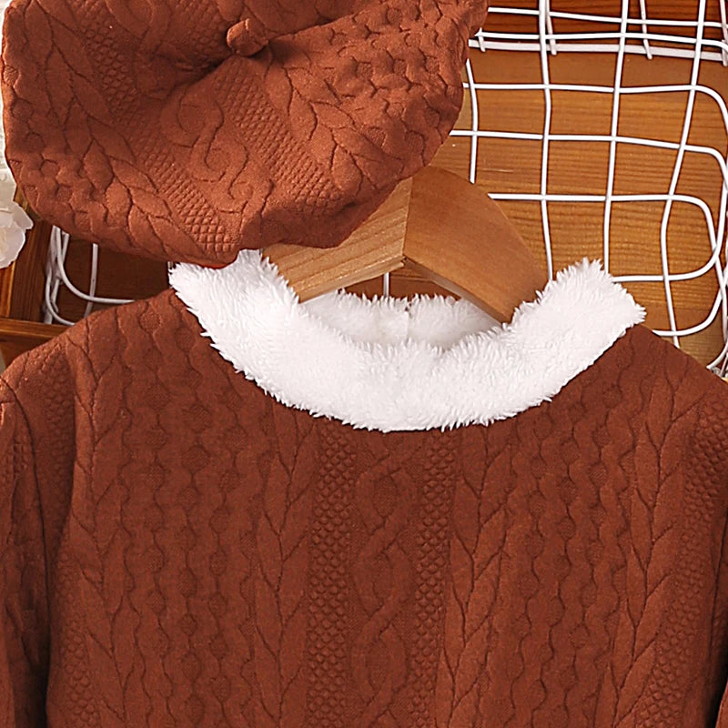 Autumn and winter dresses for girls aged 8-12, round neck, long sleeves and knee-length skirts, berets are sweet, lovely, warm a