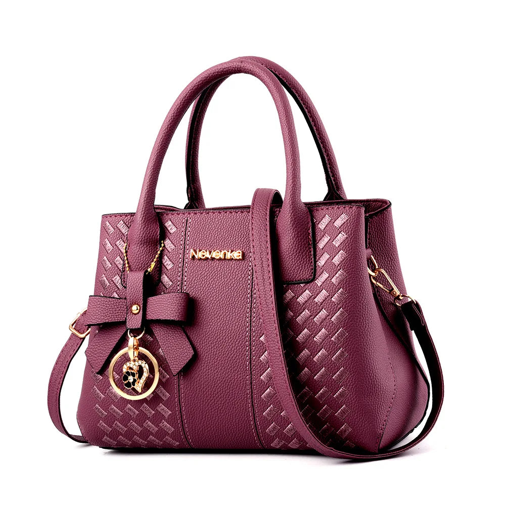 Bow Metal Pendant Top Handle Satchel Crossbody Bag, PU Leather Textured Bag Purse, Classic Versatile Fashion Shoulder Bag