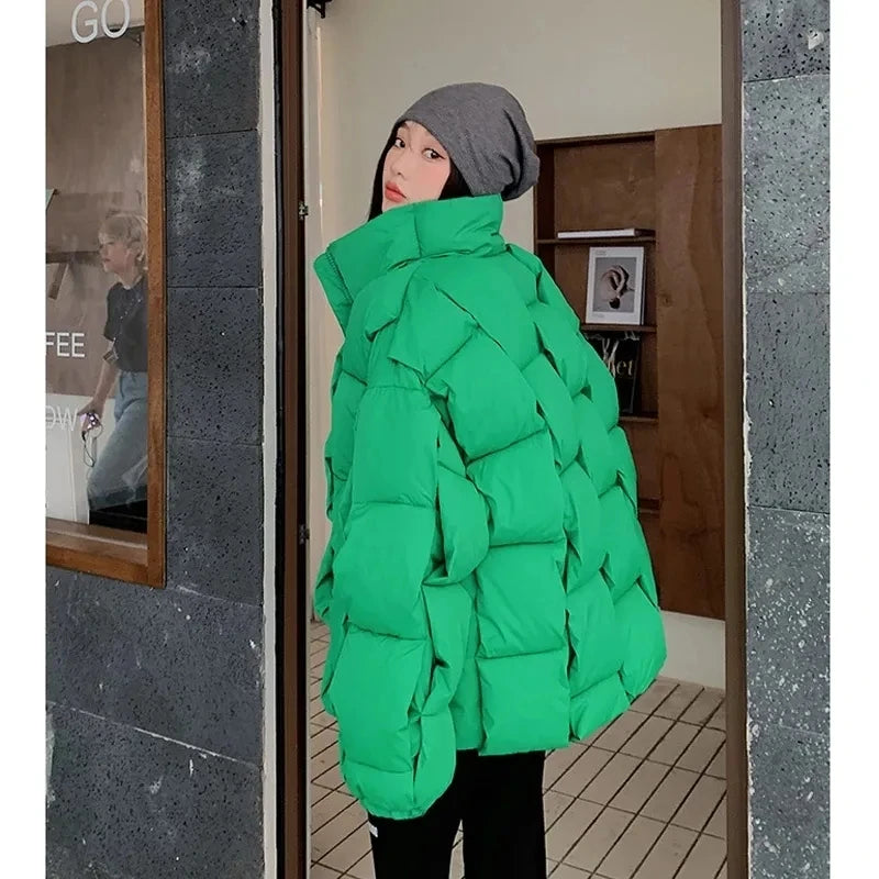 Winter Fashion Women Parkas Warm Down Cotton Coats Bubble Jacket Thick Knitted Loose Puffer Coat Stand Collar Female Outwear