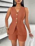 2025 New Women Fashion Casual Set Of 2 Pieces Summer Top Button Elegant Solid Office Holiday Short Pant Suit Womens Clothing