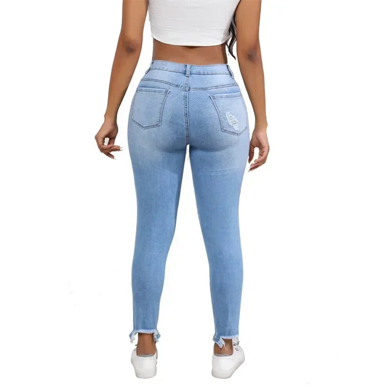 Women Jeans Holes Distressed Pencil Pants Denim Pockets Sexy High Waist Washing Zipper Fly Slim Fit Ankle Length Summer