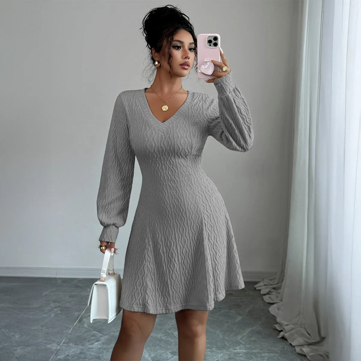 Autumn Women's Dresses Long Sleeve V Neck Elegant Office Dress For Women New Winter Fashion Solid Color Slim A Line Dress Female
