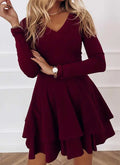 2024 NEW Autumn V-Neck Solid Color Fashion Mid Waist Pullover Panel Bottom Fashion Versatile Style Long Sleeve Women's Dress