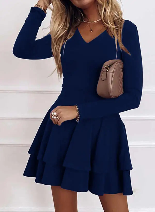 2024 NEW Autumn V-Neck Solid Color Fashion Mid Waist Pullover Panel Bottom Fashion Versatile Style Long Sleeve Women's Dress