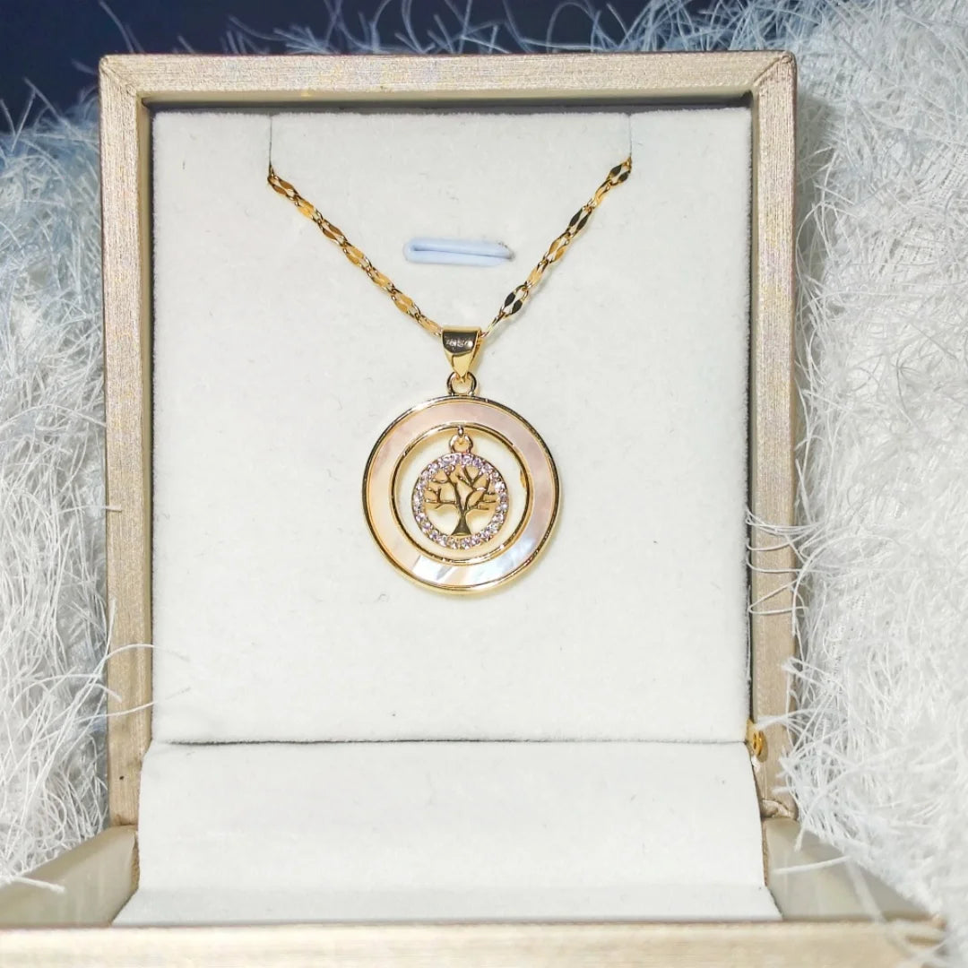 Gorgeous Necklace for Women with Copper Micro-inlaid Zircon, Seashell, Sunburst and Tree of Life Details