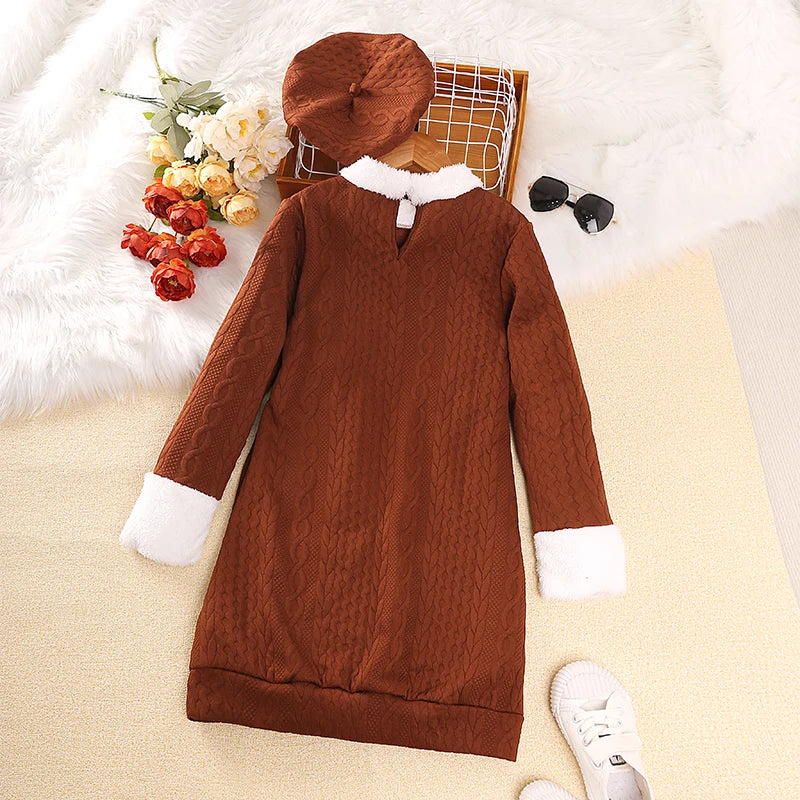 Autumn and winter dresses for girls aged 8-12, round neck, long sleeves and knee-length skirts, berets are sweet, lovely, warm a