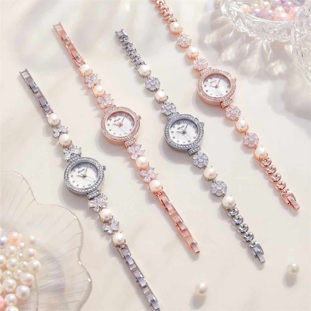 Personalized temperament round diamond silver four flower jade round diamond pearl rosegold strap luminous women quartz watch