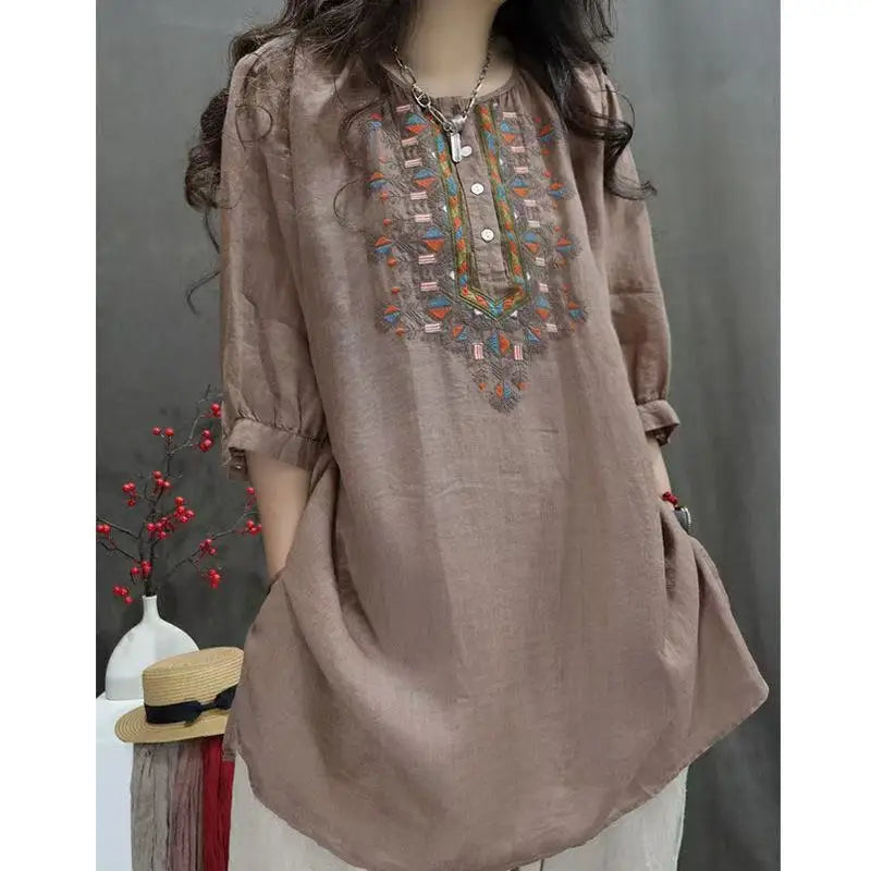 Summer Heavy Industry Retro Embroidered Shirt Mid-length Loose Cotton and Linen Fashionable Shirt Casual Literary Pullover Top