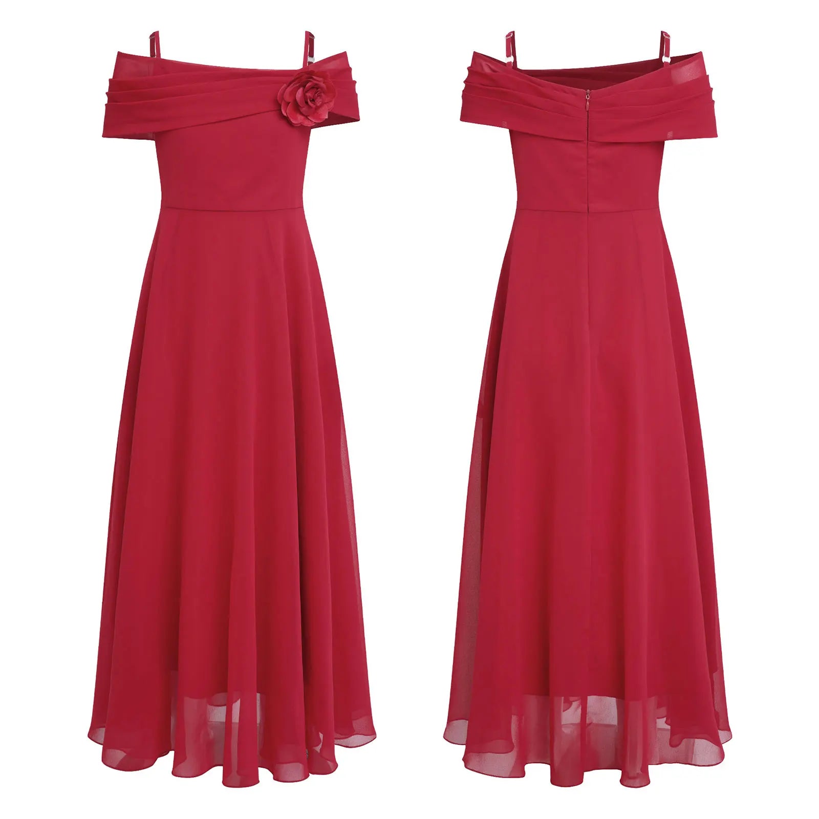 Kids Girls Elegant Party Dress Wedding Bridesmaid Birthday Prom Gown Off Shoulder Ruched 3D Flower Applique Chiffon Maxi Dresses