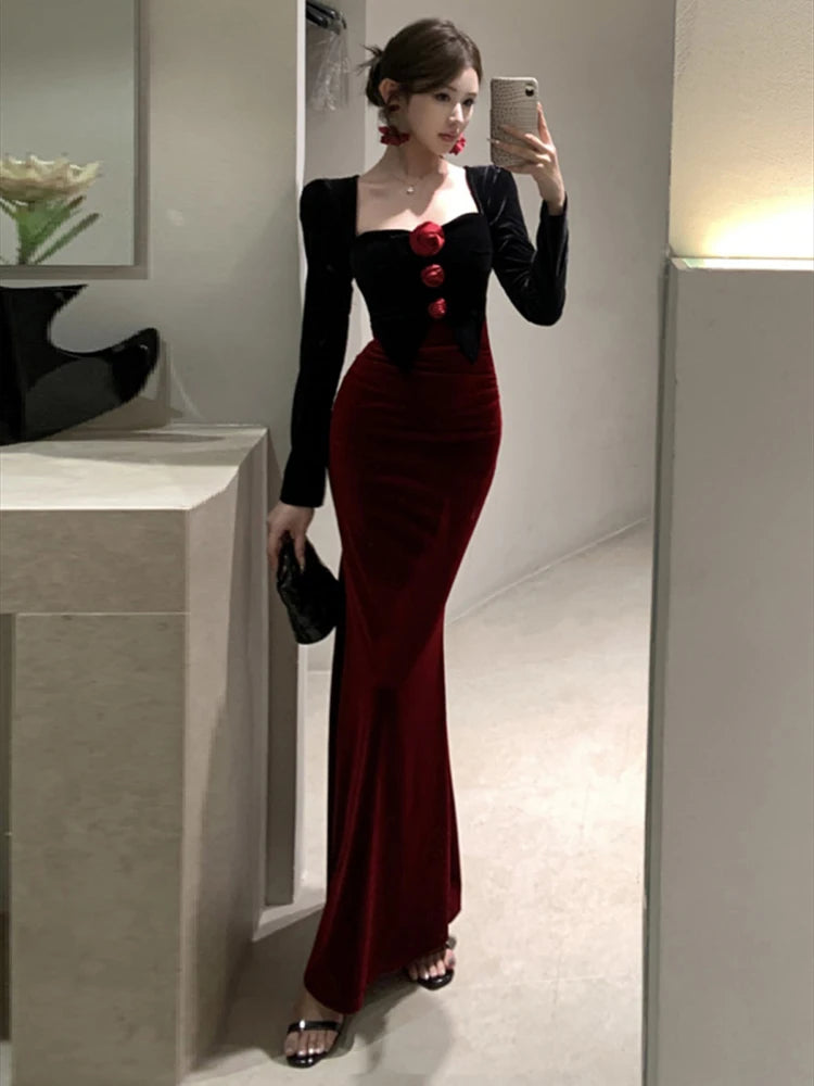 Autumn Winter Dresses Women Elegant Sexy Square Collar Slim Long Sleeve Vintage Velvet Dress Female French Style Chic