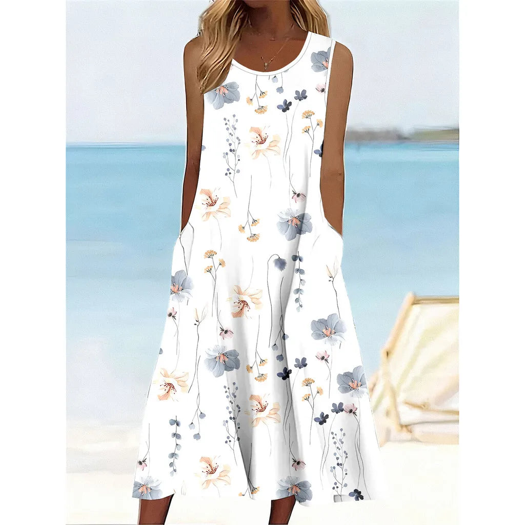 2025 Women's PLUS SIZE Summer Sleeveless Print Casual Dress for Holiday Women Clothing  Maxi Dress  White Dress summer dress