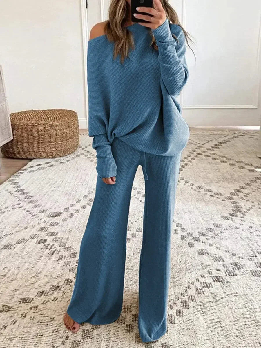 New Women's 2pcs Clothes Set Solid Color Round Neck Long Sleeve Casual Top & Loose Wide Leg Pants Home Wear
