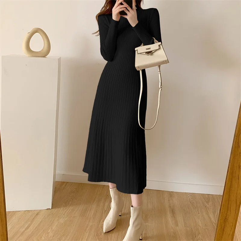 Long Knitted Dress Women Winter Sweater Dress Female Elegant Slim Long Sleeve Knee Length Dress Ladies Warm Office Dresses