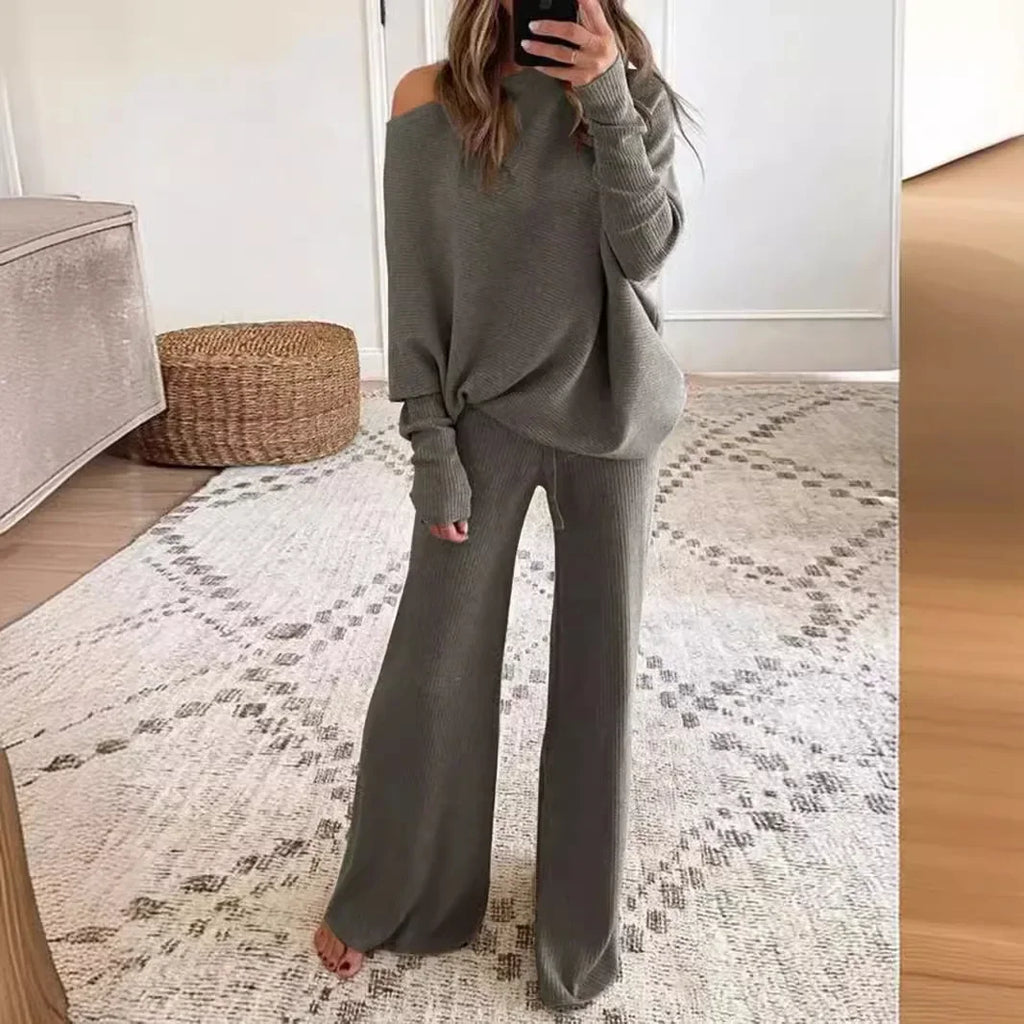 New Women's 2pcs Clothes Set Solid Color Round Neck Long Sleeve Casual Top & Loose Wide Leg Pants Home Wear