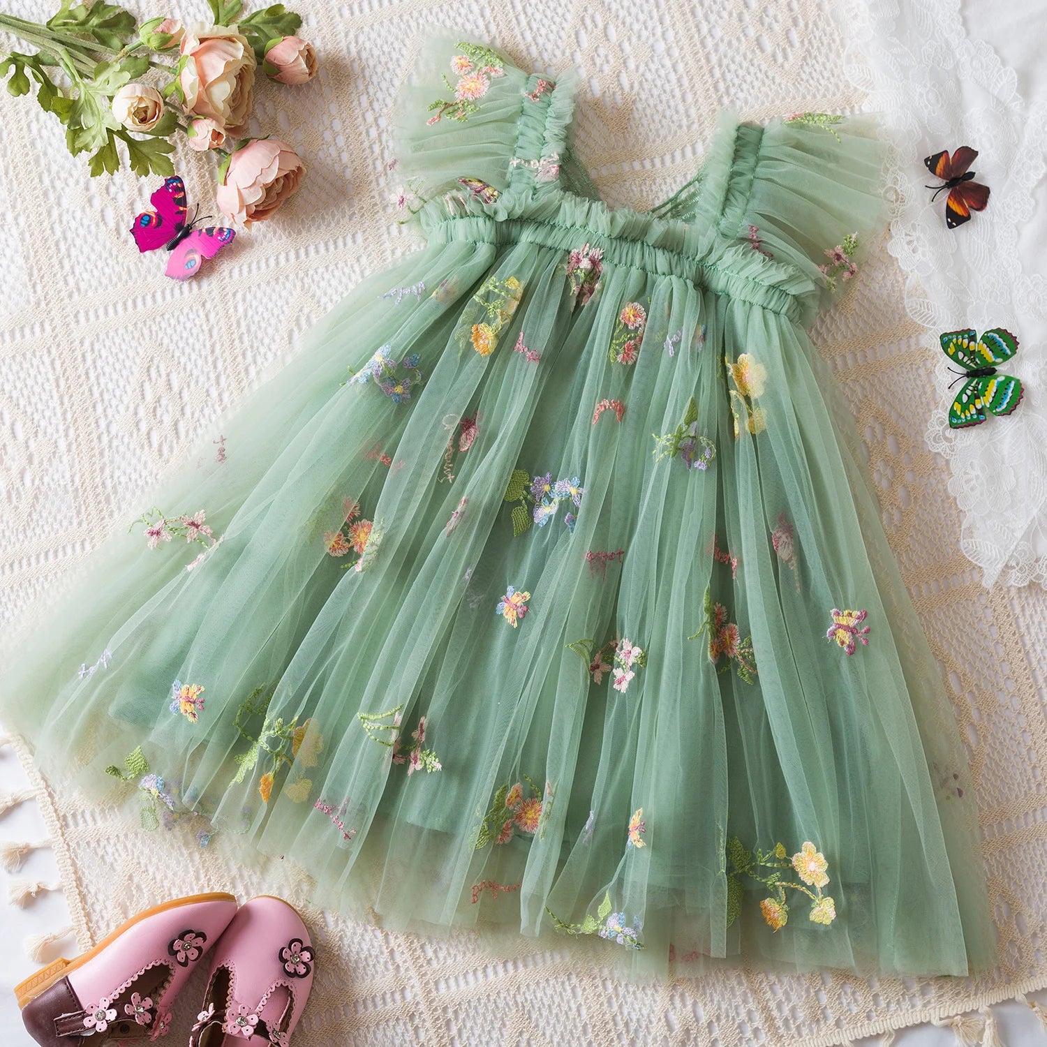 Baby Girl Party Dress for 1-5 Years Infant Butterfly Dresses Kids Green Embroidery Floral Dress 2025 Summer Tulle Princess Dress