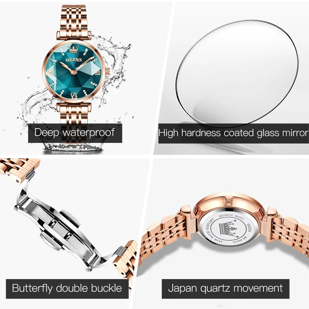 OLEVS Japan Quartz Movement Women's Watches Elegant Rose Gold Steel Strap Fashion Rhombus Glasses Waterproof Ladies Watches 6642